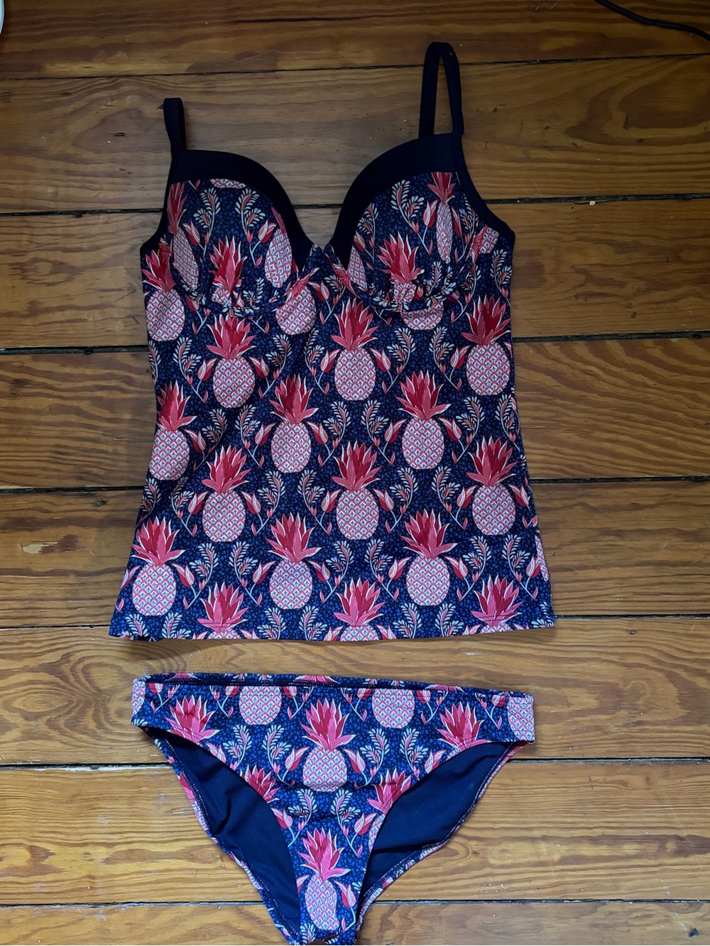 Boden Navy Tankini Swimsuit with Coral Pineapple Print